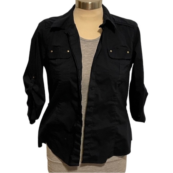 Navy Button Down Stretch Shirt Size Medium Petite Worthington - Picture 2 of 5